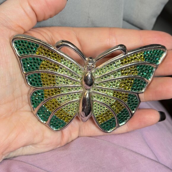 Butterfly Belt Buckle Vintage 80s Green Rhinestone Statement 4\
